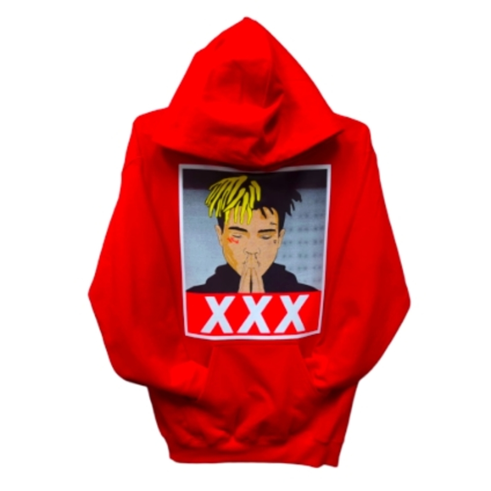 Red Hoodie in multiple sizes of XXXTentacion praying hands design